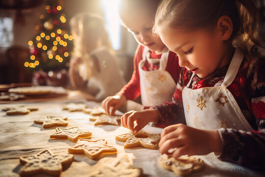Little girls make gingerbread cookies near the Christmas tree