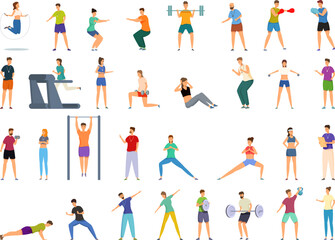 Fitness coaching training icons set cartoon vector. Gym coach. Person sport instructor