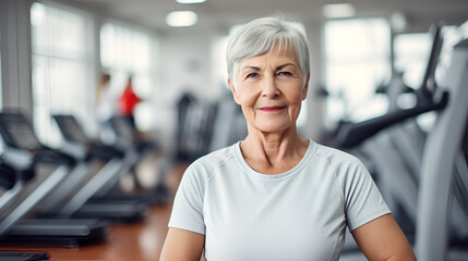 Obraz premium senior healthy woman in gym, gym trainer, healthy old lady