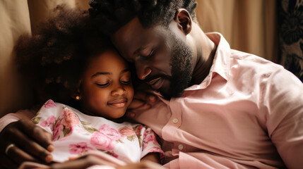 Top down black father kissing daughter, lisening story via book.Generative AI.