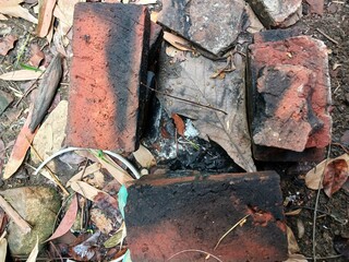 Traditional kitchen with clay bricks. Traditional Asian clay kitchen.
