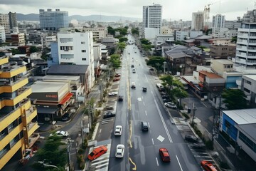 Busy City Street with Cars Driving in Downtown Area during Rush Hour Traffic Generative AI