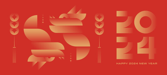 Chinese New Year greeting banner. Year of the Dragon vector illustration. Minimal geometric design.
