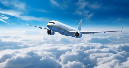 Obraz premium Araflane soaring through the blue skies above the fluffy white clouds with a scenic view of the earth below. Generative AI