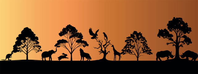 Naklejki  African safari vector illustration, captivating silhouette art of wild animals, trees against a vibrant sunset. Ideal for travel, tourism, nature. Features elephant, bear, giraffe, rabbit, rhino