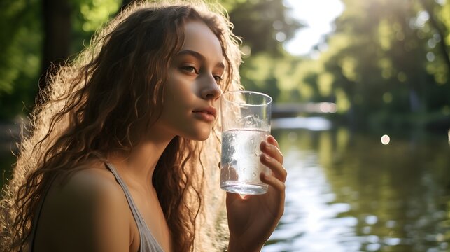 Serene young woman enjoying a refreshing drink of water while admiring the tranquil beauty of a lake Generative AI
