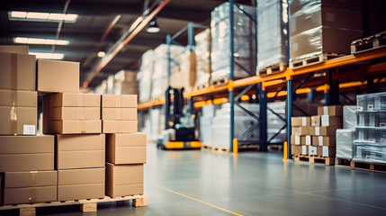 Retail warehouse full of shelves with goods in cartons, with pallets and forklifts. Logistics and transportation blurred background. Product distribution center. - obrazy, fototapety, plakaty