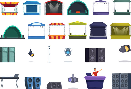 Outdoor music festival stage icons set cartoon vector. Park concert. Rock air dance