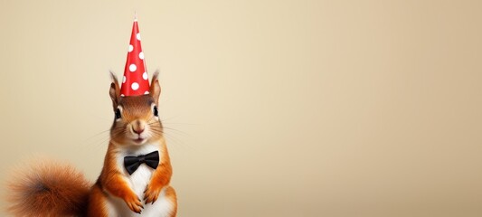 Celebration, happy birthday, Sylvester New Year's eve party, funny animal banner greeting card - Cute funny standing red squirrel with party hat and bow tie, isolated on beige background texture - obrazy, fototapety, plakaty