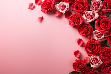 Fototapeta na wymiar Red and pink roses on a pastel pink background, valentines day and love concept, hd