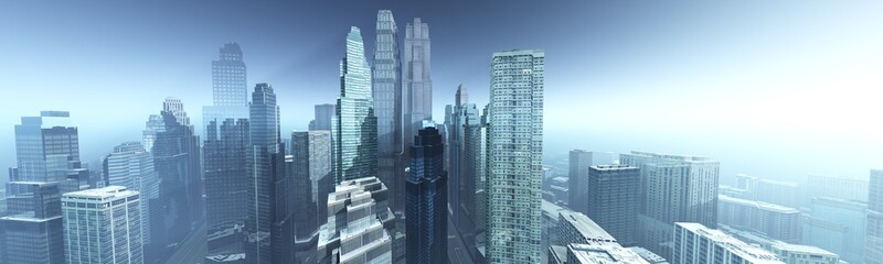 Cityscape panorama, modern city with skyscrapers in the rays of the setting sun, 3D rendering