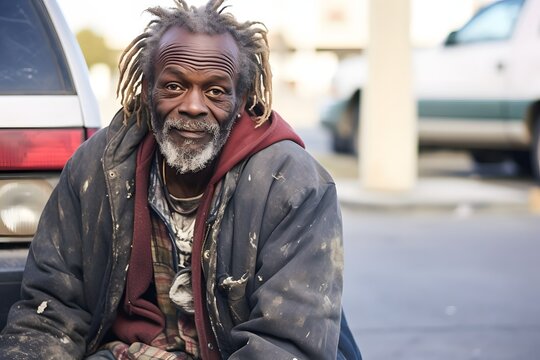 Lonely man sitting on the curb of a busy street with a parked car in the background, feeling disconnected from the world. Generative AI