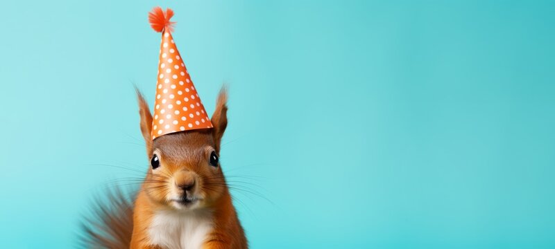 Celebration, happy birthday, Sylvester New Year's eve party, funny animal banner greeting card - Cute funny standing red squirrel with party hat, isolated on blue background texture