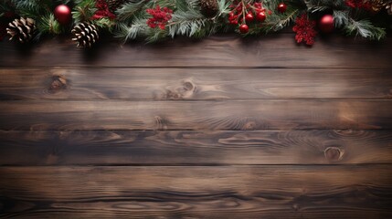 Fototapeta na wymiar Wooden board empty table christmas background with christmas tree and decorations AI generated illustration
