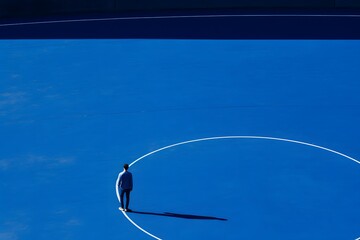 Focused Tennis Player in Action on Blue Court with White Lines in the Background Generative AI