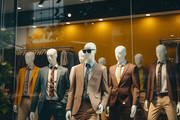 Professional Attire on Display Mannequins Dressed in Suits and Ties in Store Window Generative AI