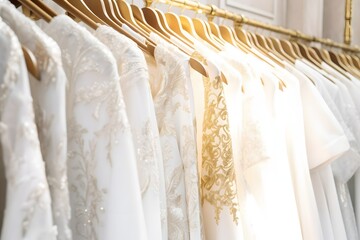 Beautiful Array of Wedding Dresses Hanging on Rack in Elegant Room with Natural Lighting Generative AI