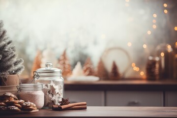 Rustic Christmas Kitchen - A rustic kitchen scene with natural wood, vintage cookware, and handmade Christmas cookies on a wooden table - AI Generated - obrazy, fototapety, plakaty
