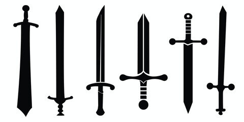 Swords in flat style and silhouettes isolated on white background. Icon set of ancient swords. Vector illustration.
