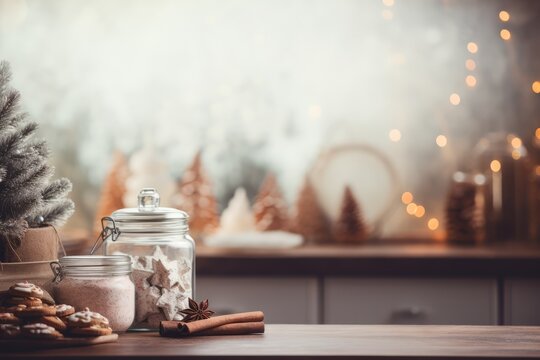 Rustic Christmas Kitchen - A rustic kitchen scene with natural wood, vintage cookware, and handmade Christmas cookies on a wooden table - AI Generated