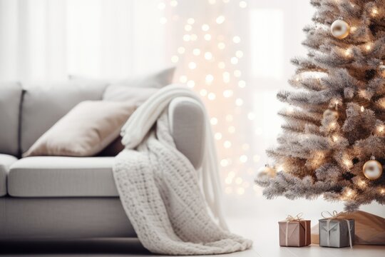 Scandi Style Christmas Coziness - A minimalist living room decorated in Scandinavian style with simple Christmas touches: a small fir tree with wooden ornaments, white and grey soft fur - AI Generated