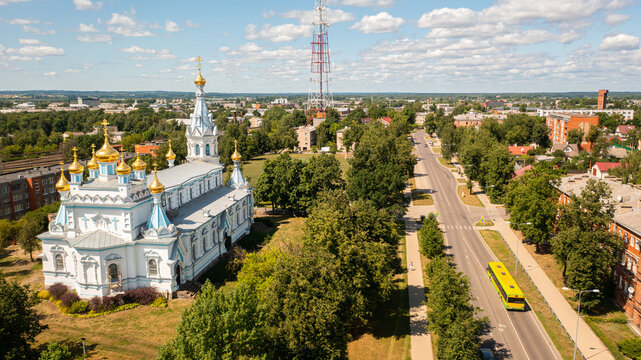Aerial photo from drone to Daugavpils Orthodox Cathedral of the Holy Martyrs Boris and Gleb on a beautiful sunny summer day. Daugavpils, Latvia, Latgale, Europe