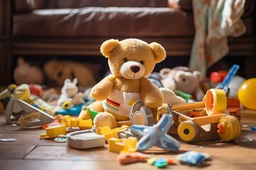 Adorable Teddy Bear Surrounded by Colorful Toys on the Floor for Playtime and Fun Generative AI