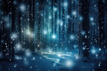 Enchanted Christmas Forest - A magical forest scene at night illuminated by glowing Christmas lights and snowflakes gently falling - AI Generated
