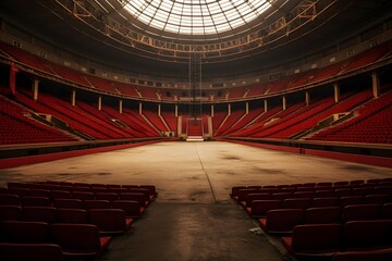 Vast Empty Stadium with Rows of Vibrant Red Seats in Aerial View - Perfect for Sports or Concert Events Generative AI