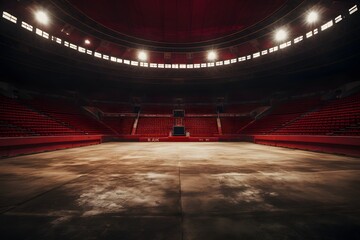Desolate Arena An Empty Stadium with Vibrant Red Seats and a Center Stage for Performances Generative AI