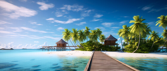 Tropical paradise. Luxury panorama view on Maldives resort on seascape background. Bungalow, villas on beautiful exotic beach on the ocean. Spa, leisure, concept. Honeymoon recreation.Generative ai - obrazy, fototapety, plakaty