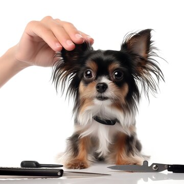 dog having a hair cut. picture showing dog and barbers hand with scissor on white background.