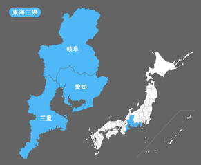 日本地図と東海三県の詳細マップ - obrazy, fototapety, plakaty