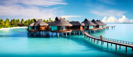 Fototapeta premium Tropical paradise. Luxury panorama view on Maldives resort on seascape background. Bungalow, villas on beautiful exotic beach on the ocean. Spa, leisure, concept. Honeymoon recreation.Generative ai