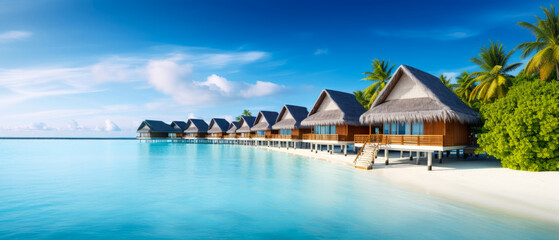 Tropical paradise. Luxury panorama view on Maldives resort on seascape background. Bungalow, villas on beautiful exotic beach on the ocean. Spa, leisure, concept. Honeymoon recreation.Generative ai