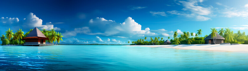 Fototapeta na wymiar Tropical paradise. Luxury panorama view on Maldives resort on seascape background. Bungalow, villas on beautiful exotic beach on the ocean. Spa, leisure, concept. Honeymoon recreation.Generative ai