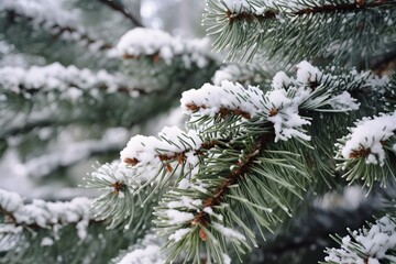 Snow-covered Pine Tree in Winter Forest with Close-up View of Needles and Branches Generative AI