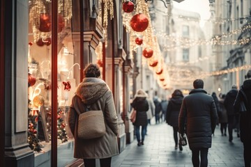 Urban Christmas Shopping - Bustling city street scene with festive holiday window displays and shoppers carrying gift bags - AI Generated