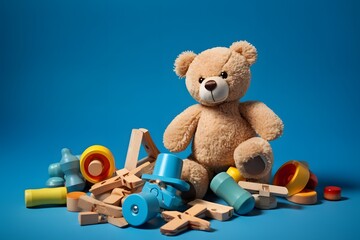 Adorable Teddy Bear Surrounded by Colorful Toys on a Playful Pile Generative AI