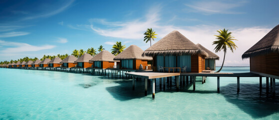 Tropical paradise. Luxury panorama view on Maldives resort on seascape background. Bungalow, villas on beautiful exotic beach on the ocean. Spa, leisure, concept. Honeymoon recreation.Generative ai - obrazy, fototapety, plakaty