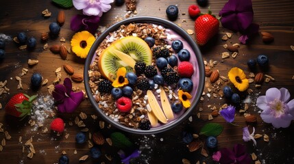 bowl fresh vegan food smoothie illustration healthy plant, based nutritious, delicious colorful bowl fresh vegan food smoothie - obrazy, fototapety, plakaty