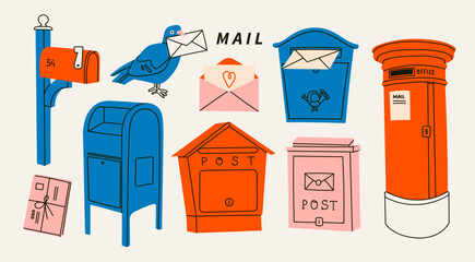 Mailboxes, Postal letterboxes set. Different postboxes, envelope with mail, pigeon, postcard. Hand drawn modern Vector illustration. Isolated design elements. Delivery, message, communication concept - 685225524