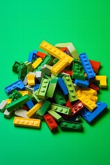 Colorful Lego Bricks in a Pile on a Vibrant Green Surface for Creative Play and Building Fun Generative AI - obrazy, fototapety, plakaty