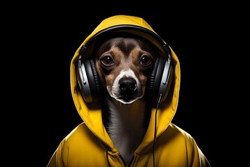 Happy Hound Grooving to the Beat in a Sunny Yellow Hoodie and Headphones Generative AI