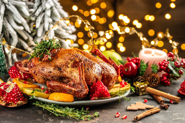 Christmas dinner, baked duck with oranges on a festive table. copy space for text