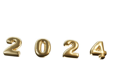 Gold 2024 balloons isolated on transparent background. 3d render