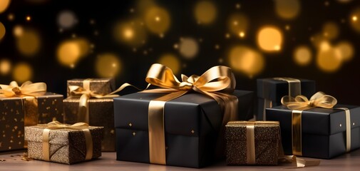 Stylish Black and Gold Gift Boxes with Elegant Bows and Ribbons for Celebrations and Special Occasions Generative AI