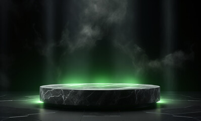 stone round pedestal stage with green light and smoke on black background, for product display presentation and advertising, copy space - obrazy, fototapety, plakaty