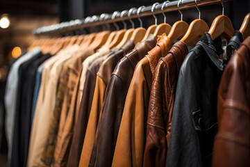 Stylish Leather Jackets on Display A Close-Up of a Rack of Fashionable Outerwear Hanging on a Rail Generative AI