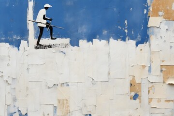 Lonely man leaning on a worn wall with peeling paint, holding a stick as a symbol of hope and determination. Generative AI